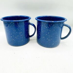 Vintage Set of 2 Blue Speckled Enamel Metal Camp Mugs